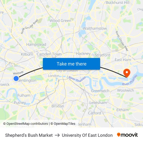 Shepherd's Bush Market to University Of East London map