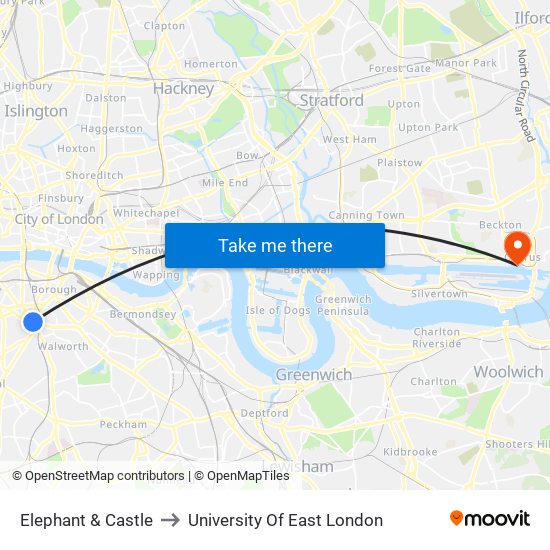 Elephant & Castle to University Of East London map