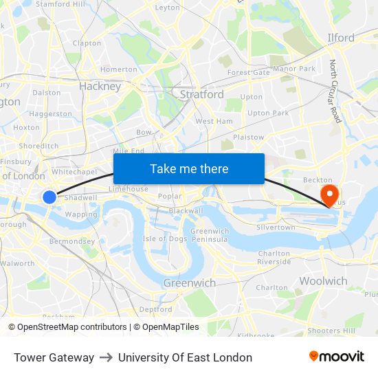 Tower Gateway to University Of East London map