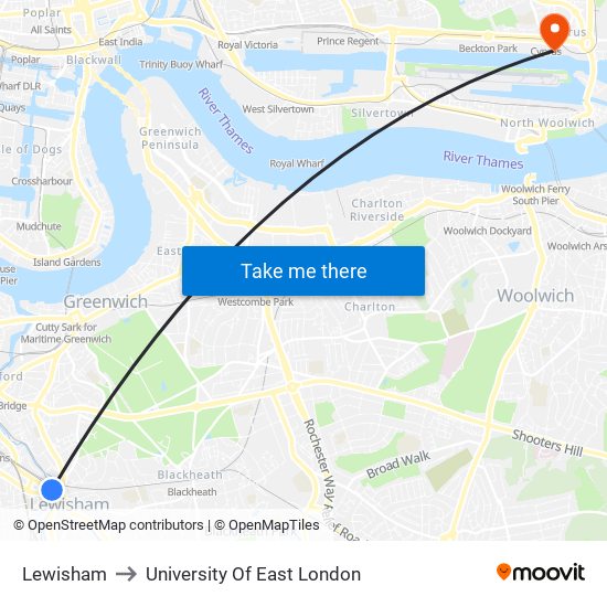 Lewisham to University Of East London map