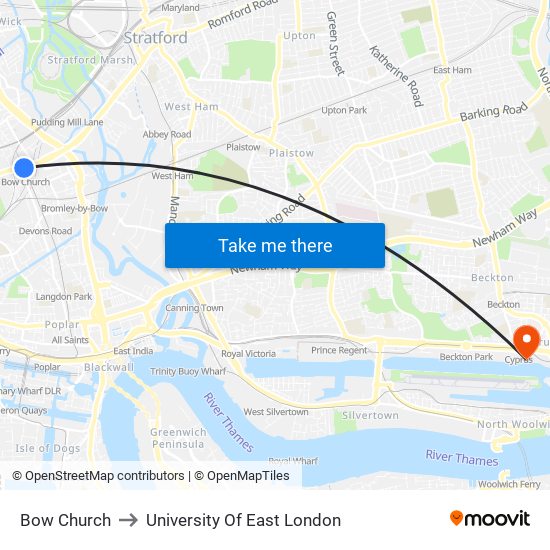 Bow Church to University Of East London map