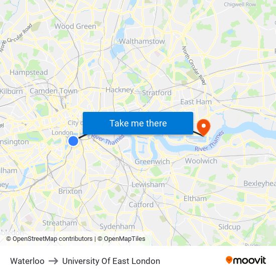 Waterloo to University Of East London map