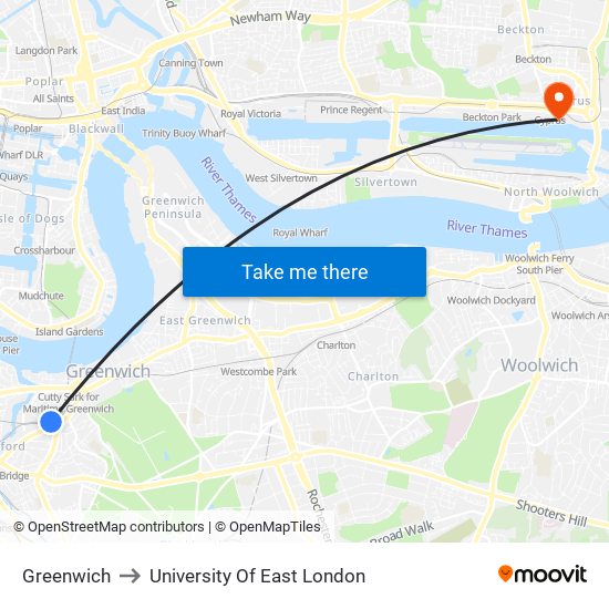 Greenwich to University Of East London map