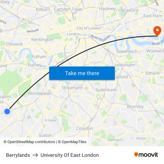 Berrylands to University Of East London map