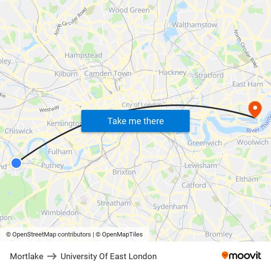 Mortlake to University Of East London map