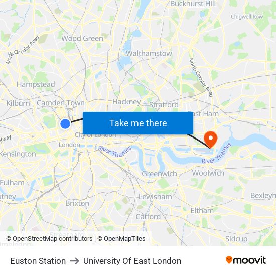 Euston Station to University Of East London map