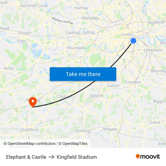 Elephant & Castle to Kingfield Stadium map
