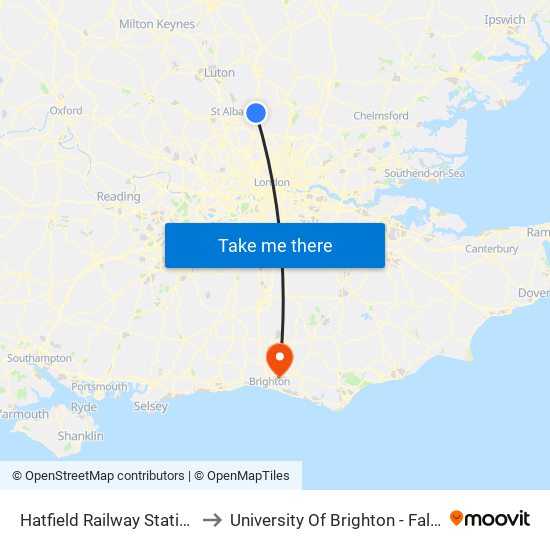 Hatfield Railway Station, Hatfield to University Of Brighton - Falmer Campus map