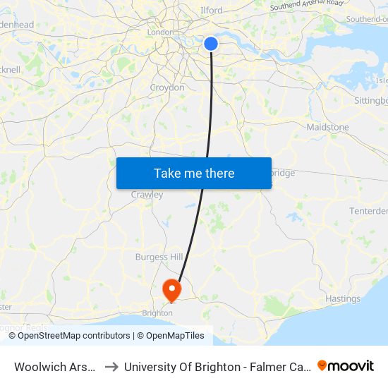 Woolwich Arsenal to University Of Brighton - Falmer Campus map