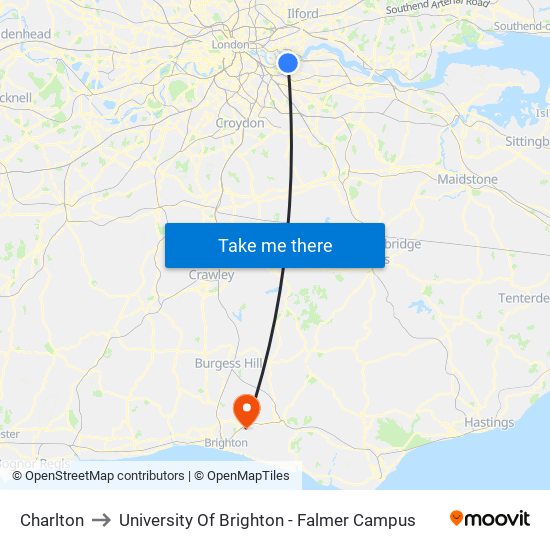 Charlton to University Of Brighton - Falmer Campus map