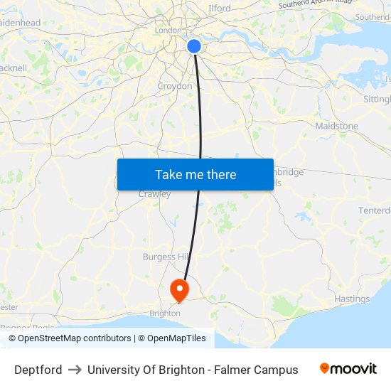 Deptford to University Of Brighton - Falmer Campus map