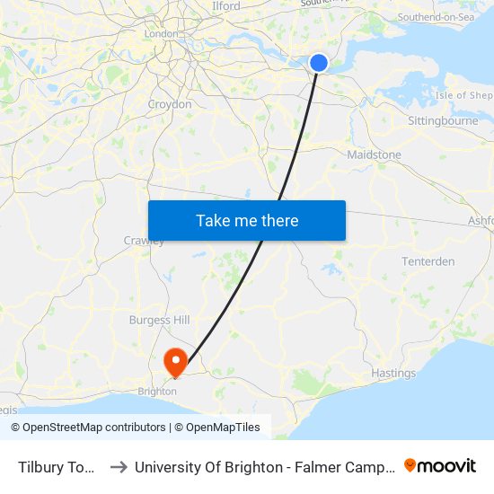 Tilbury Town to University Of Brighton - Falmer Campus map