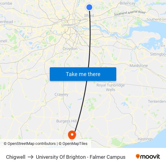 Chigwell to University Of Brighton - Falmer Campus map