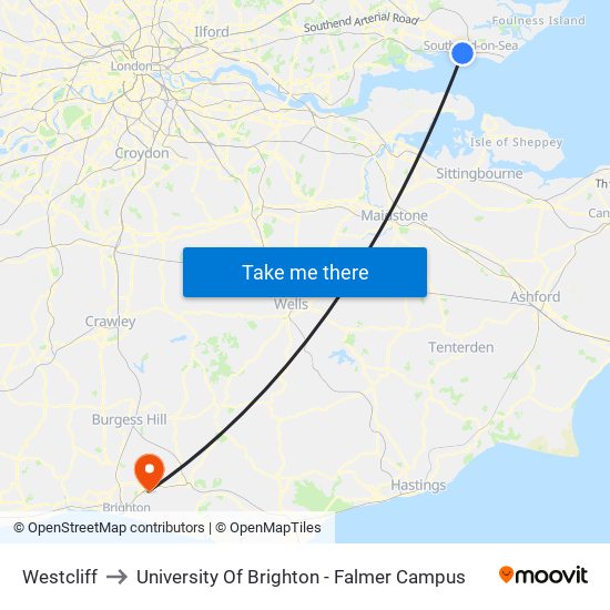 Westcliff to University Of Brighton - Falmer Campus map