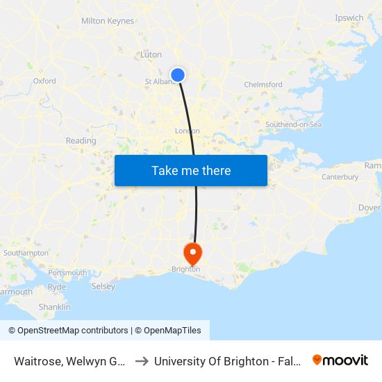 Waitrose, Welwyn Garden City to University Of Brighton - Falmer Campus map