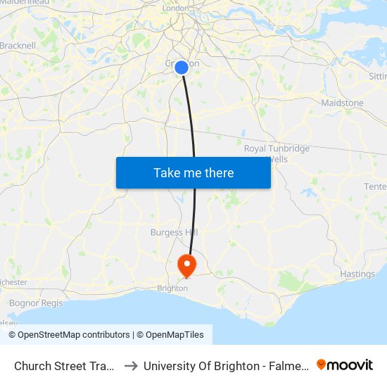 Church Street Tram Stop to University Of Brighton - Falmer Campus map