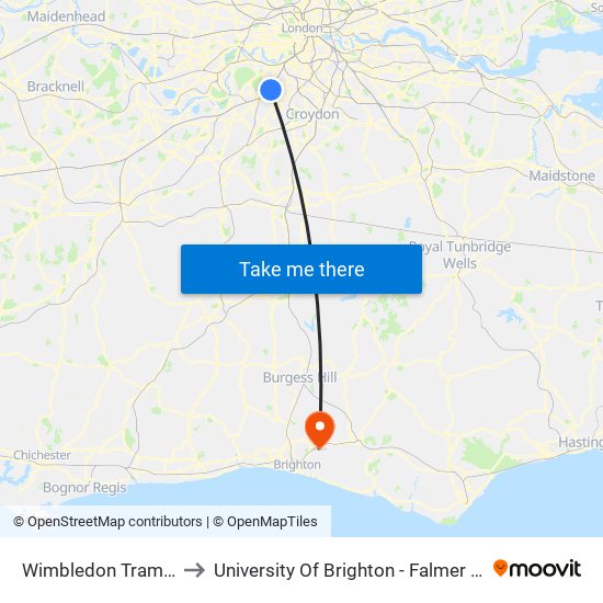 Wimbledon Tram Stop to University Of Brighton - Falmer Campus map