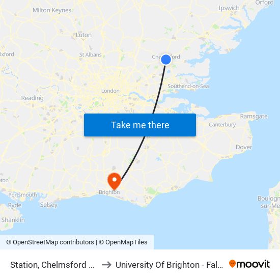 Station, Chelmsford City Centre to University Of Brighton - Falmer Campus map