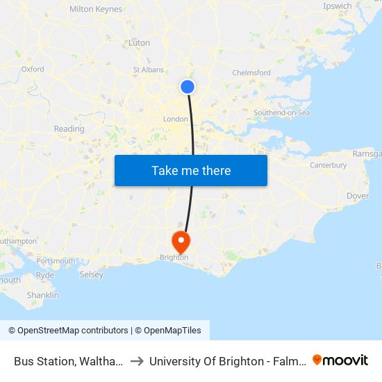 Bus Station, Waltham Cross to University Of Brighton - Falmer Campus map