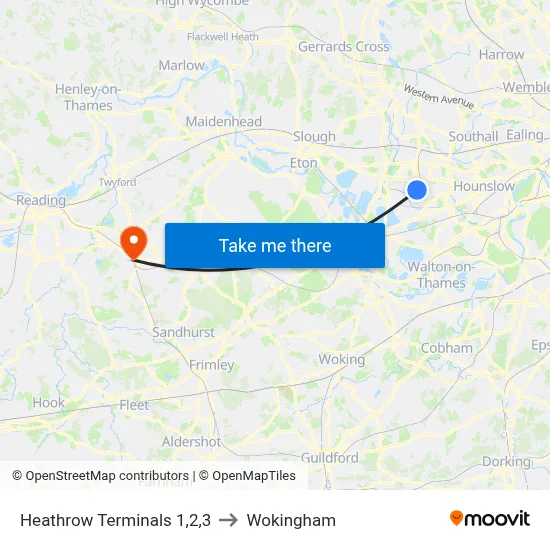 Heathrow Terminals 1,2,3 to Wokingham map