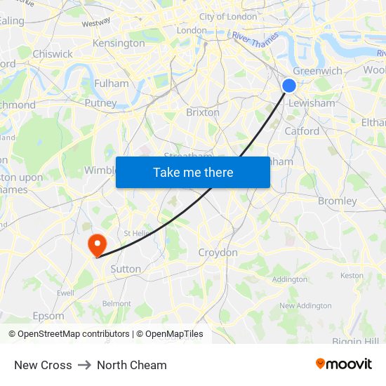 New Cross to North Cheam map