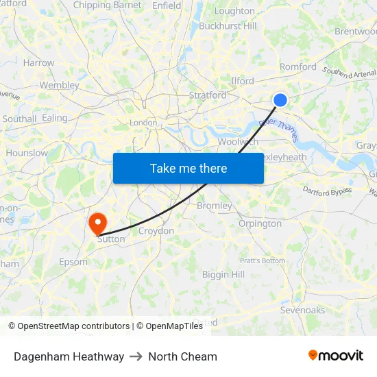 Dagenham Heathway to North Cheam map