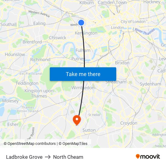 Ladbroke Grove to North Cheam map