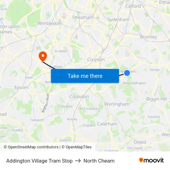 Addington Village Tram Stop to North Cheam map