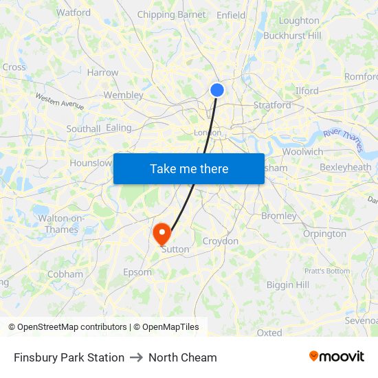 Finsbury Park Station to North Cheam map