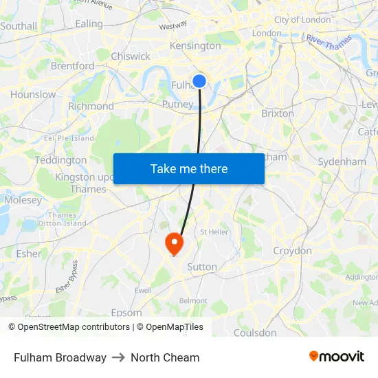 Fulham Broadway to North Cheam map