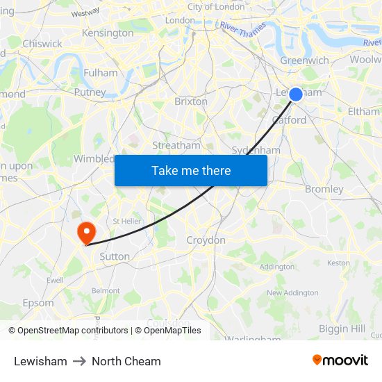 Lewisham to North Cheam map