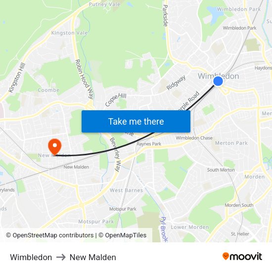 Wimbledon to New Malden map