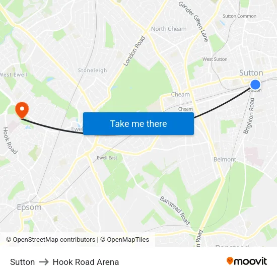 Sutton to Hook Road Arena map