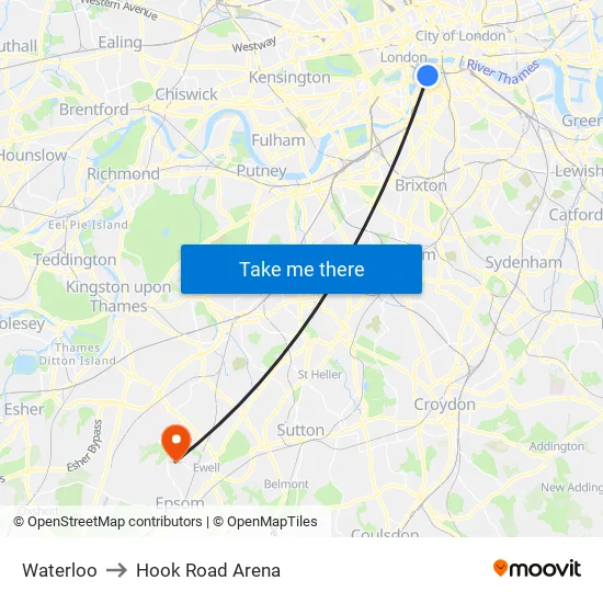 Waterloo to Hook Road Arena map