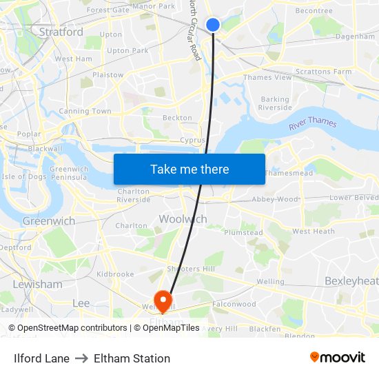 Ilford Lane to Eltham Station map