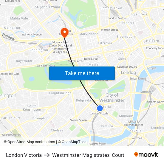 London Victoria to Westminster Magistrates' Court map