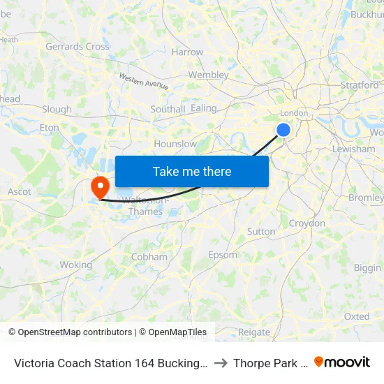 Victoria Coach Station 164 Buckingham Palace Road, Victoria, London, Sw1w 9tp to Thorpe Park Drop Off & Pick Up map