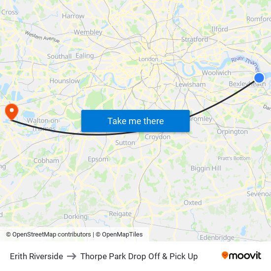 Erith Riverside to Thorpe Park Drop Off & Pick Up map
