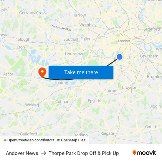 Andover News to Thorpe Park Drop Off & Pick Up map