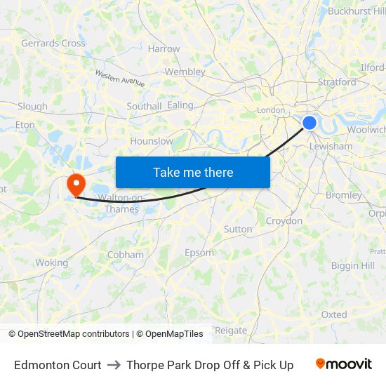 Edmonton Court to Thorpe Park Drop Off & Pick Up map