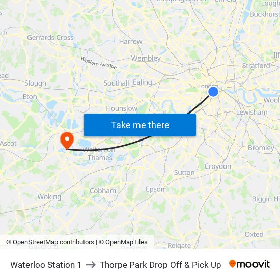 Waterloo Station 1, Waterloo to Thorpe Park Drop Off & Pick Up map