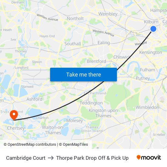 Cambridge Court to Thorpe Park Drop Off & Pick Up map