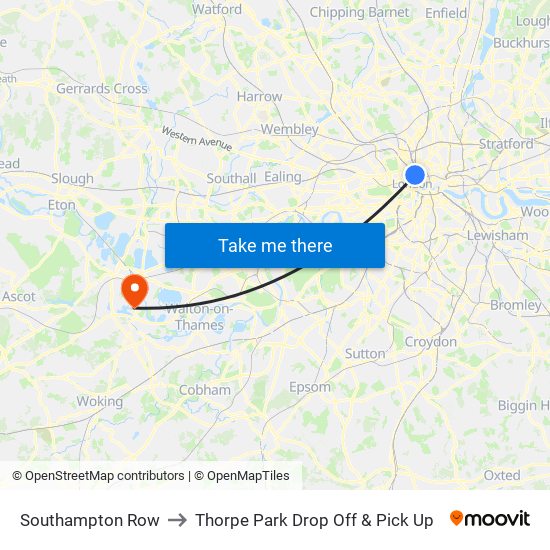 Southampton Row to Thorpe Park Drop Off & Pick Up map