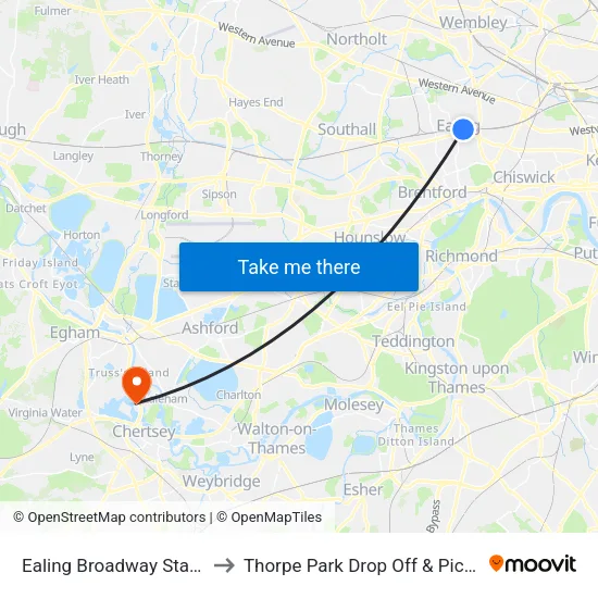 Ealing Broadway Station to Thorpe Park Drop Off & Pick Up map
