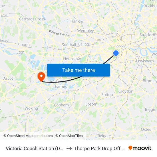 Victoria Coach Station (Departures) to Thorpe Park Drop Off & Pick Up map