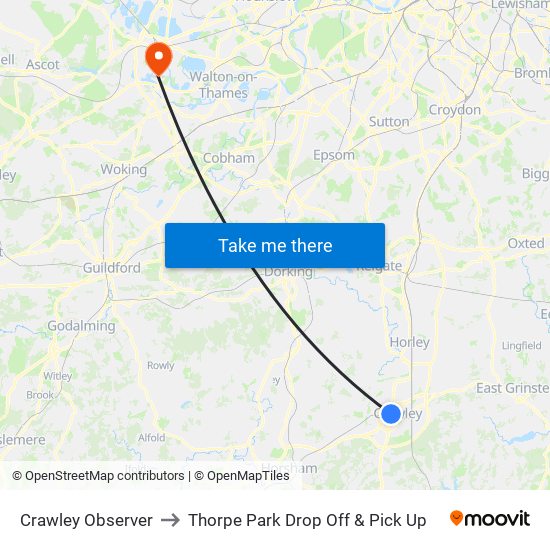 Crawley Observer to Thorpe Park Drop Off & Pick Up map