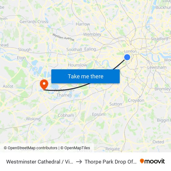 Westminster Cathedral / Victoria Station to Thorpe Park Drop Off & Pick Up map