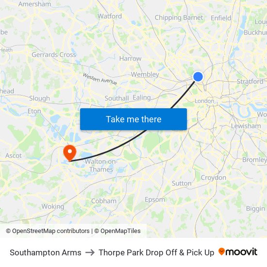 Southampton Arms to Thorpe Park Drop Off & Pick Up map