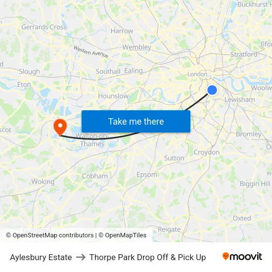 Aylesbury Estate to Thorpe Park Drop Off & Pick Up map