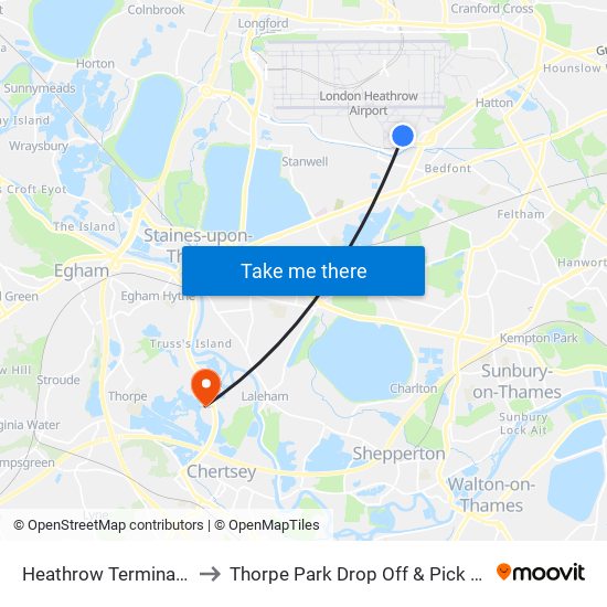 Heathrow Terminal 4 to Thorpe Park Drop Off & Pick Up map
